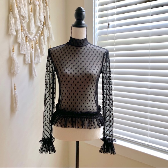 Zara Tops - Zara Sheer Polka Dot Long Sleeve Ruffle Top M
